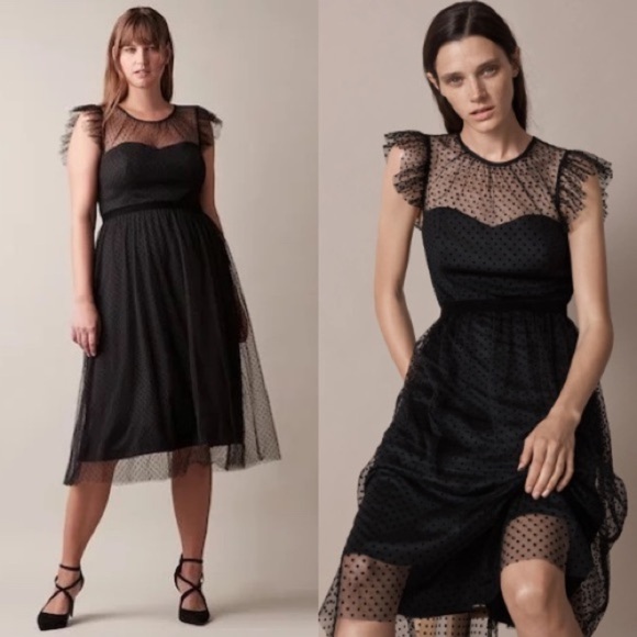JW Jason Wu Black Flocked Dot Illusion Mesh Short Sleeves Midi Dress - Picture 1 of 16